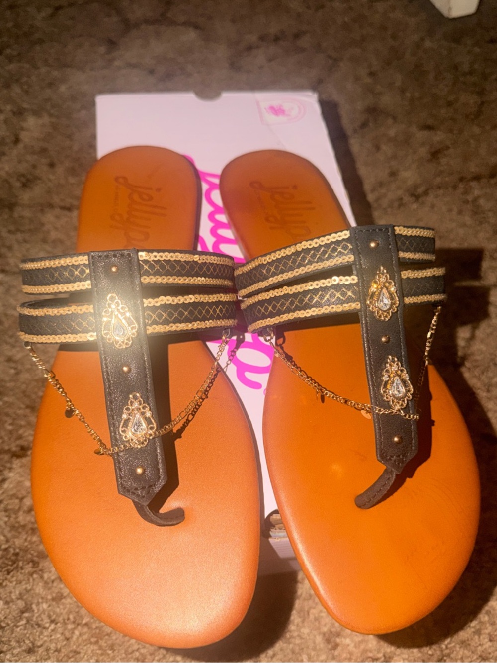 Jellypop Black and Gold Beaded T-Strap Sandals